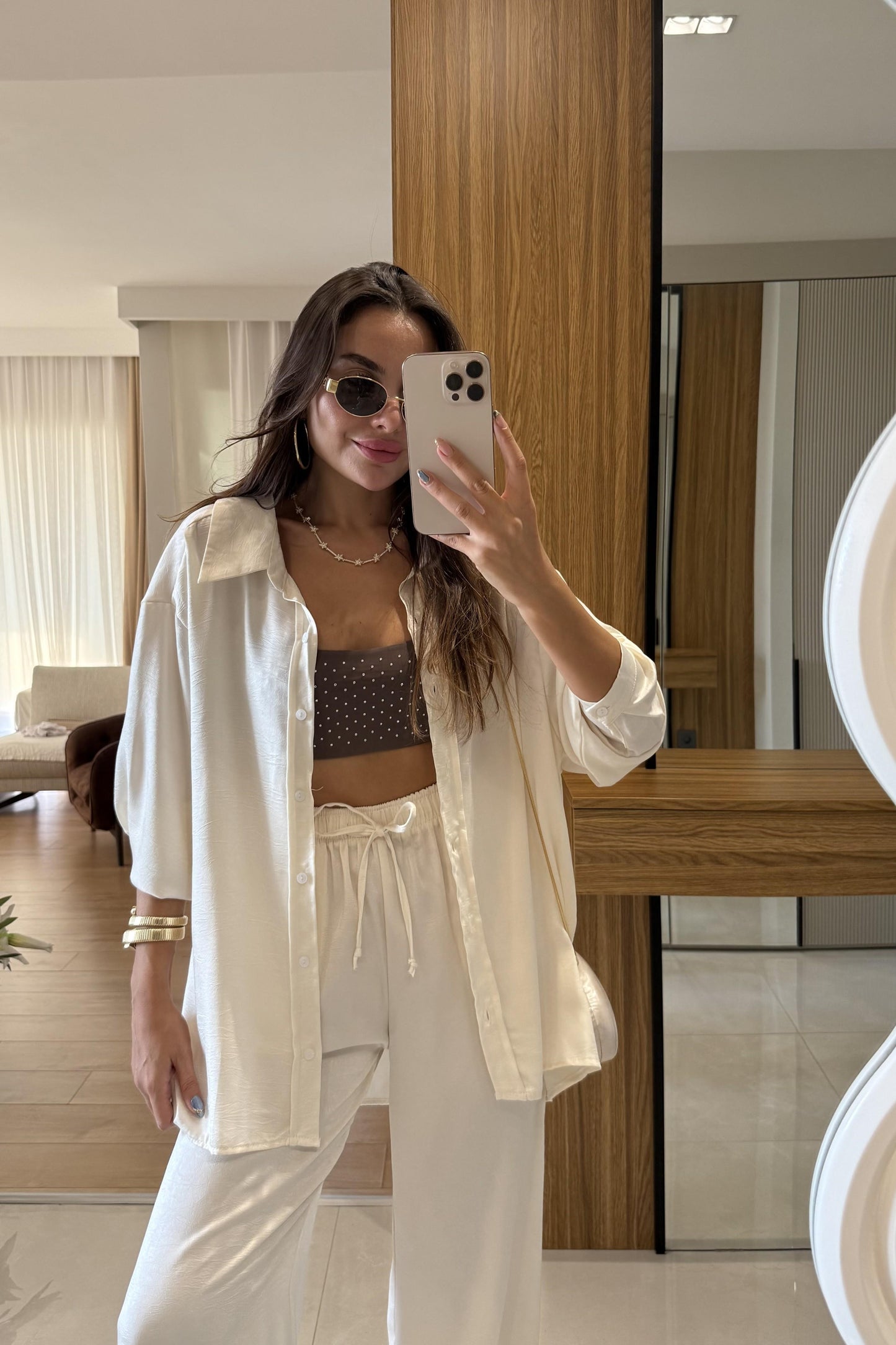 Pury Ekru Saten Dokulu Takım