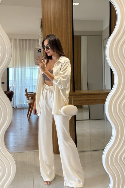 Pury Ekru Saten Dokulu Takım