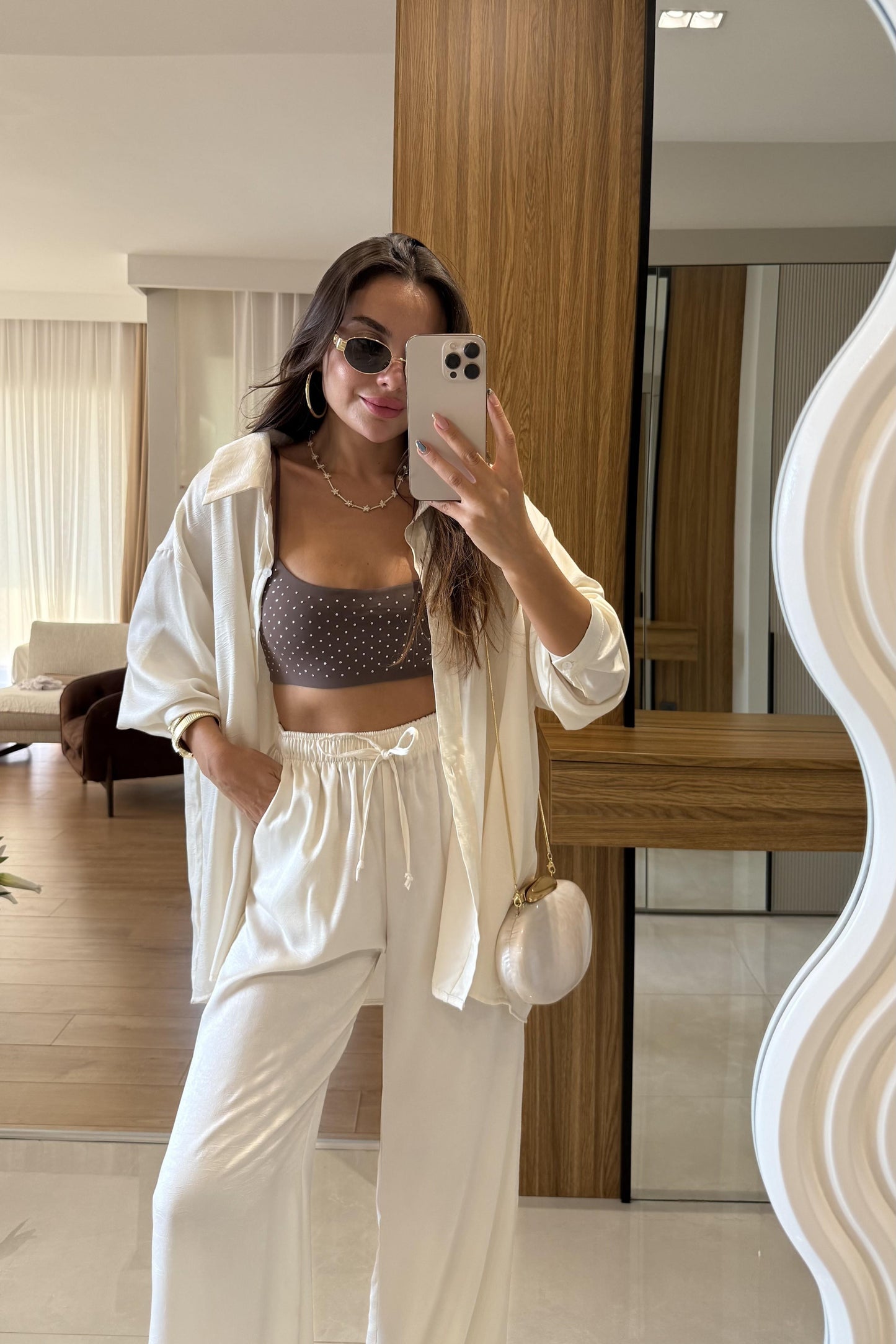 Pury Ekru Saten Dokulu Takım