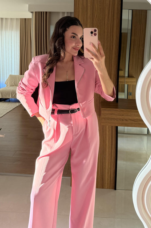 Minza Pembe Fermuarlı Blazer Ceket