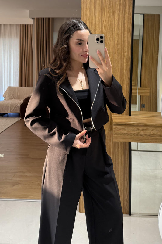 Minza Siyah Fermuarlı Blazer Ceket