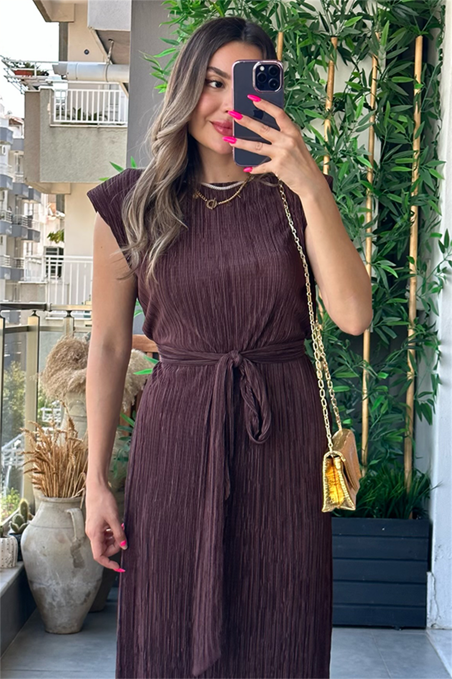 Miranda kırinkıl vatkalı kalem elbise - Acı Kahve