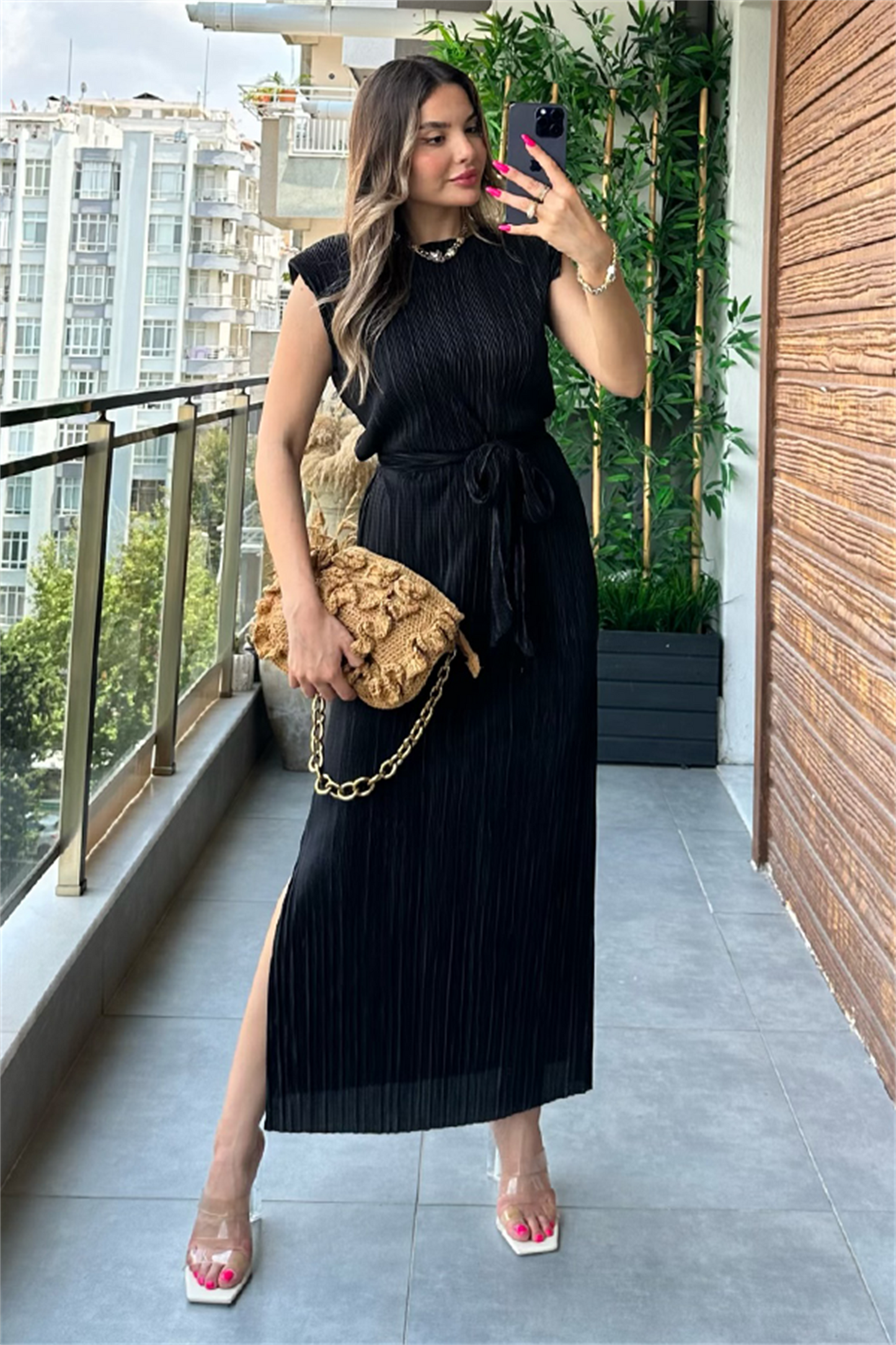 Miranda kırinkıl vatkalı kalem elbise - Siyah