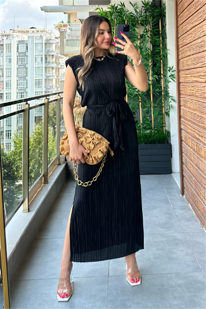 Miranda kırinkıl vatkalı kalem elbise - Siyah