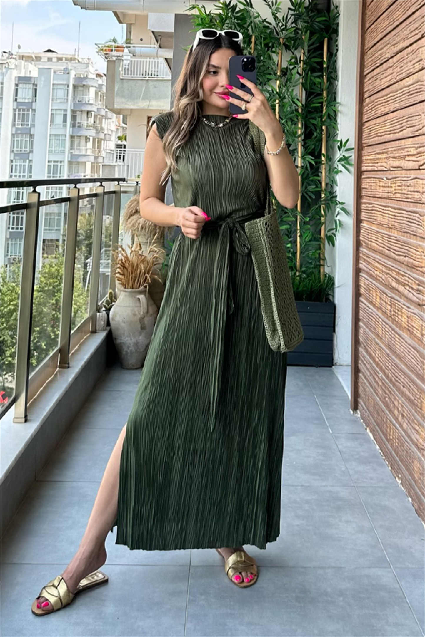 Miranda kırinkıl vatkalı kalem elbise - Haki yeşil