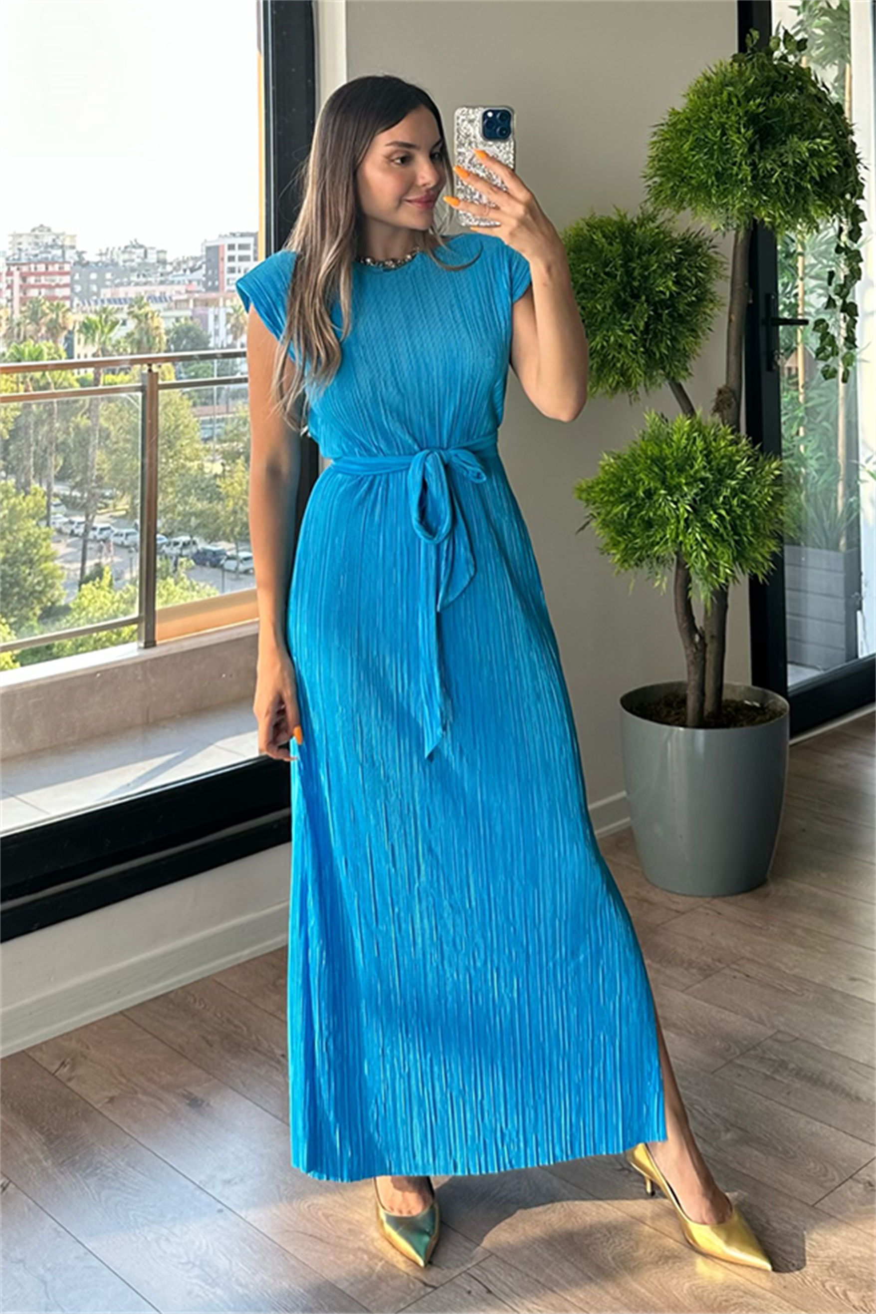 Miranda kırinkıl vatkalı kalem elbise - Açık mavi