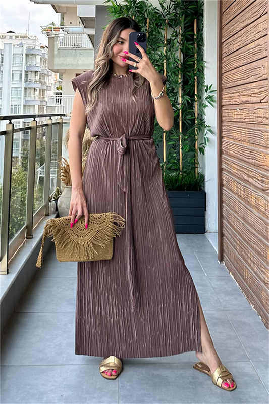 Miranda kırinkıl vatkalı kalem elbise -Sütlü Kahve