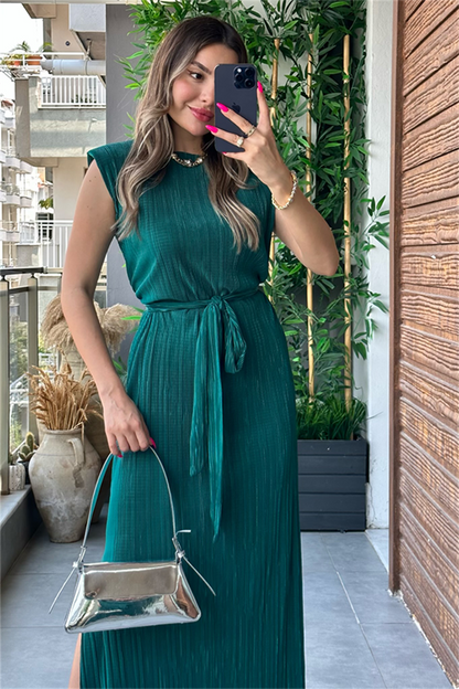 Miranda kırinkıl vatkalı kalem elbise-Zümrüt Yeşil