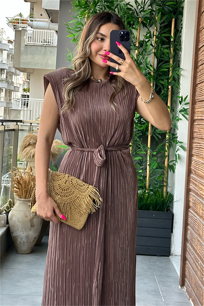 Miranda kırinkıl vatkalı kalem elbise -Sütlü Kahve