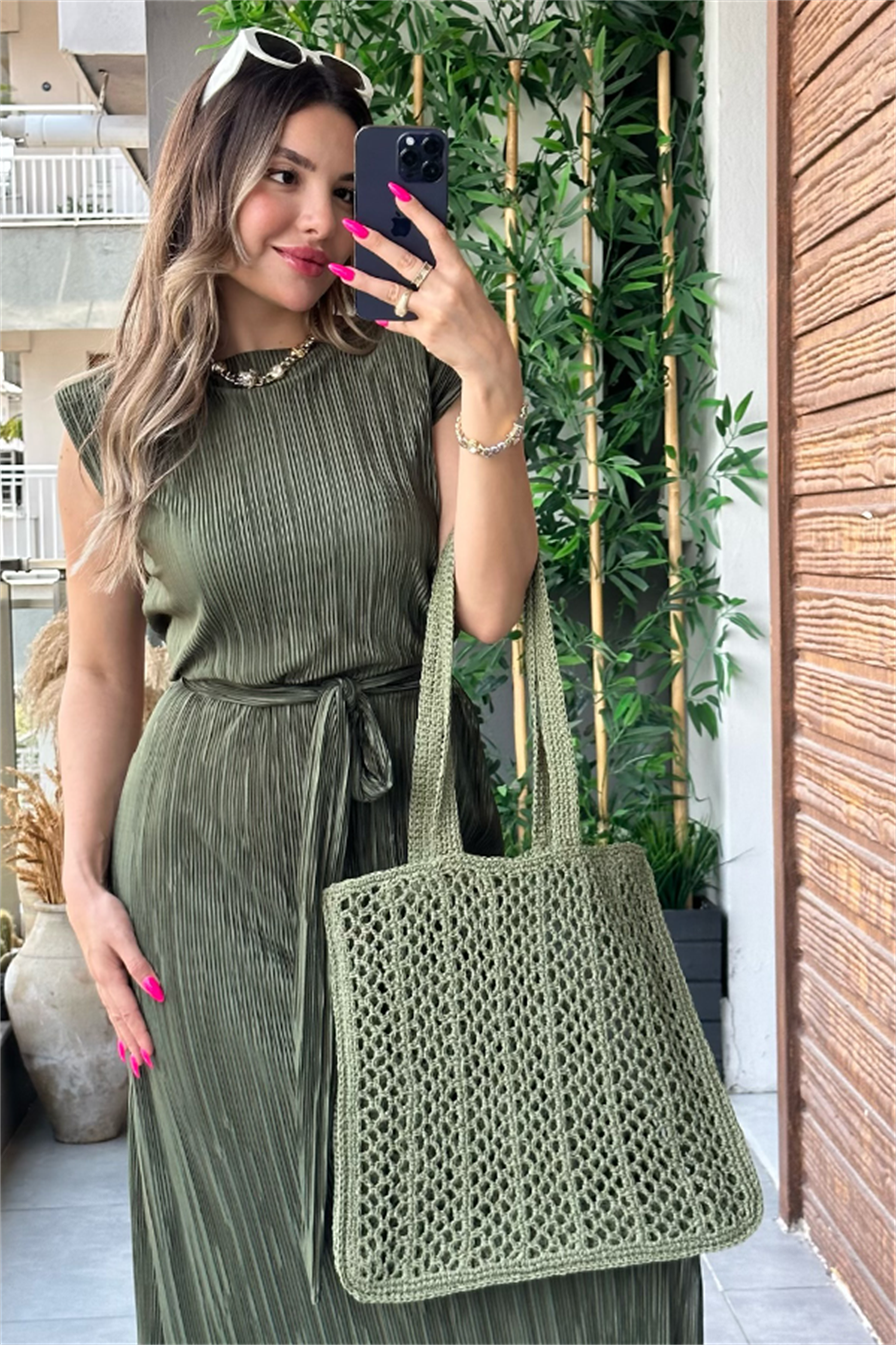 Miranda kırinkıl vatkalı kalem elbise - Haki yeşil