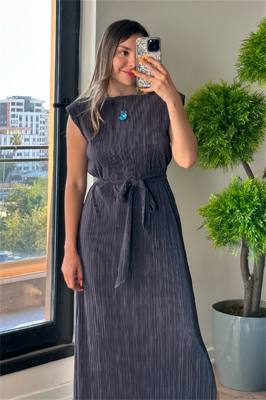 Miranda kırinkıl vatkalı kalem elbise - Füme