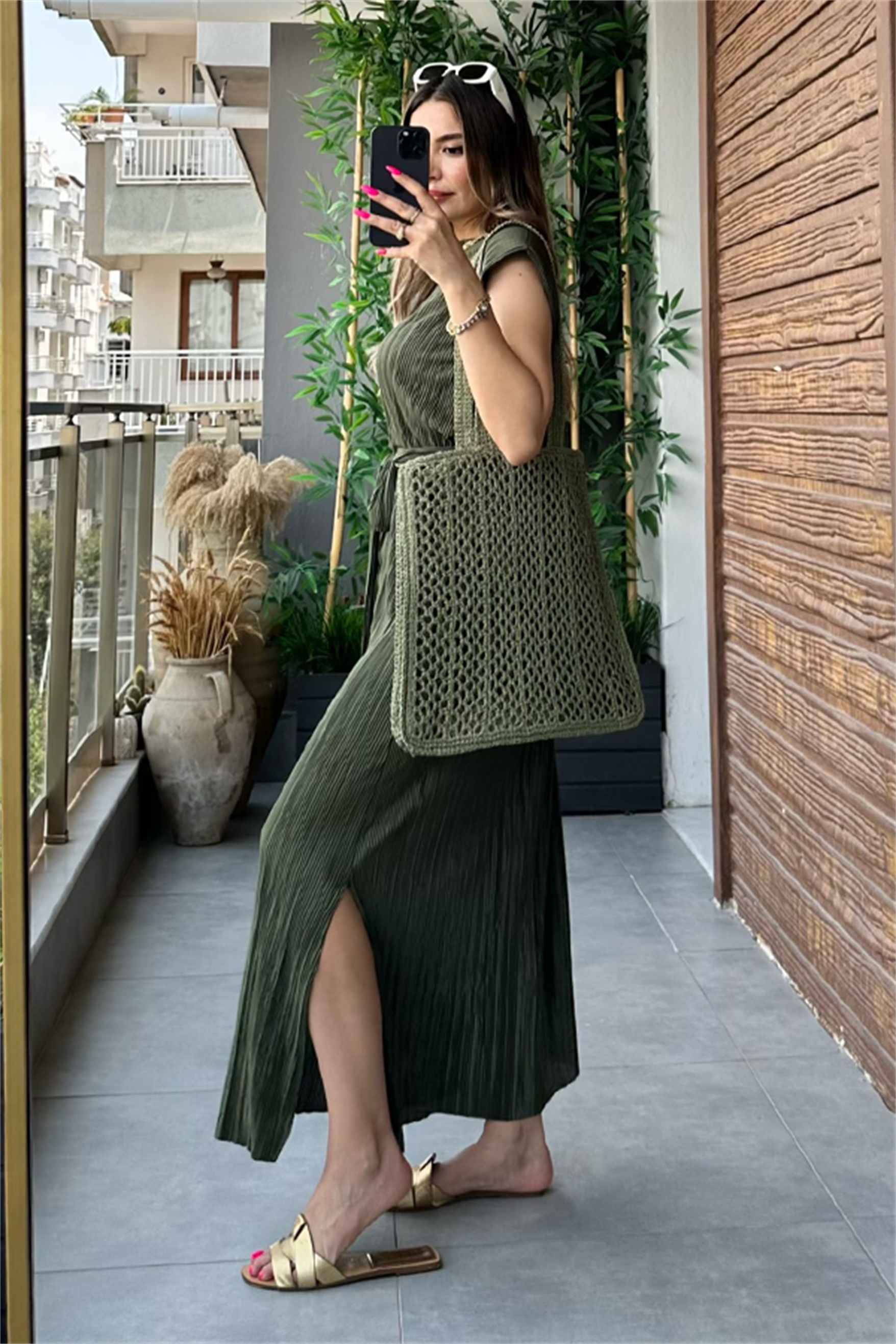 Miranda kırinkıl vatkalı kalem elbise - Haki yeşil