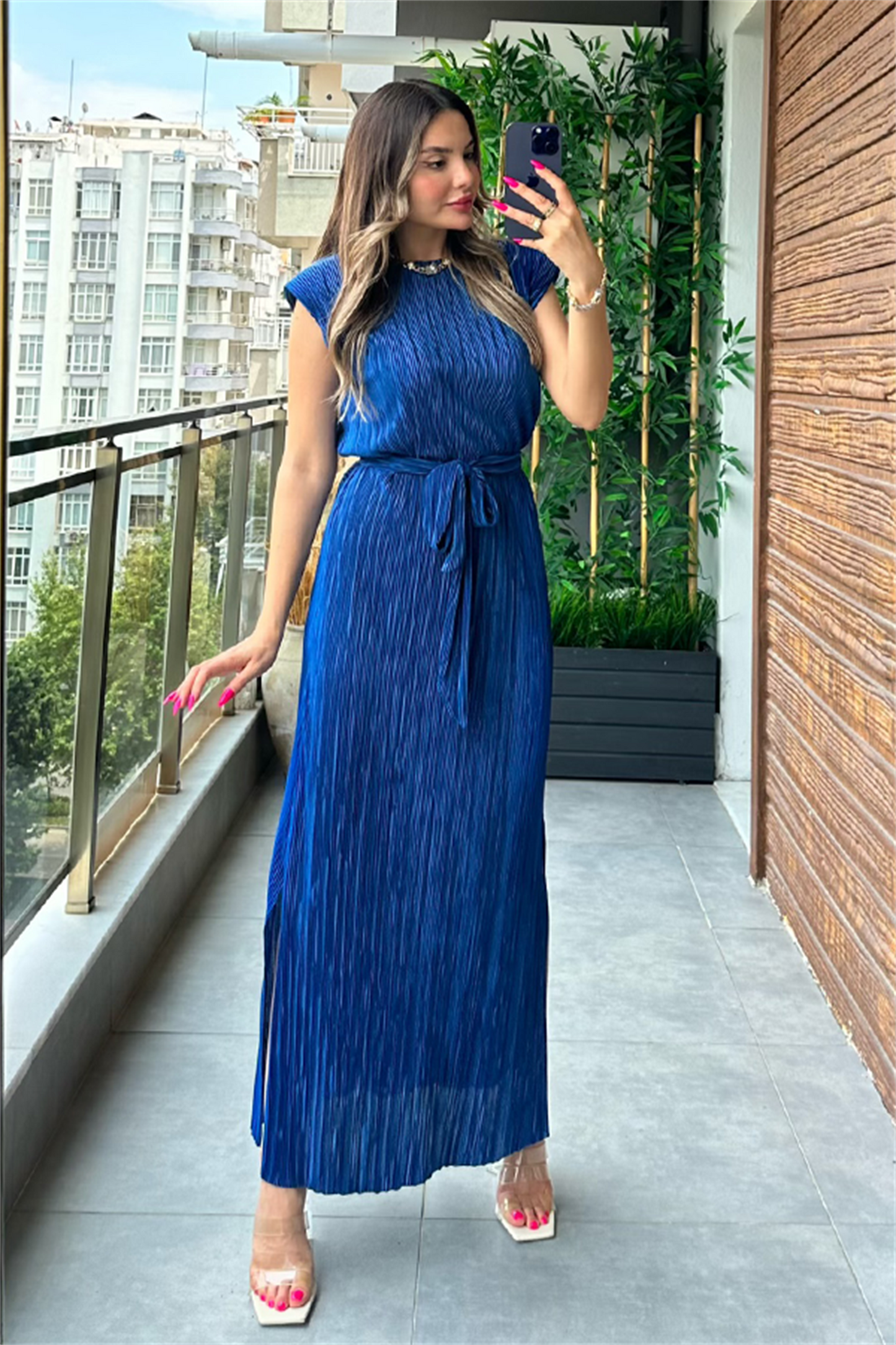 Miranda kırinkıl vatkalı kalem elbise - Saks Mavi