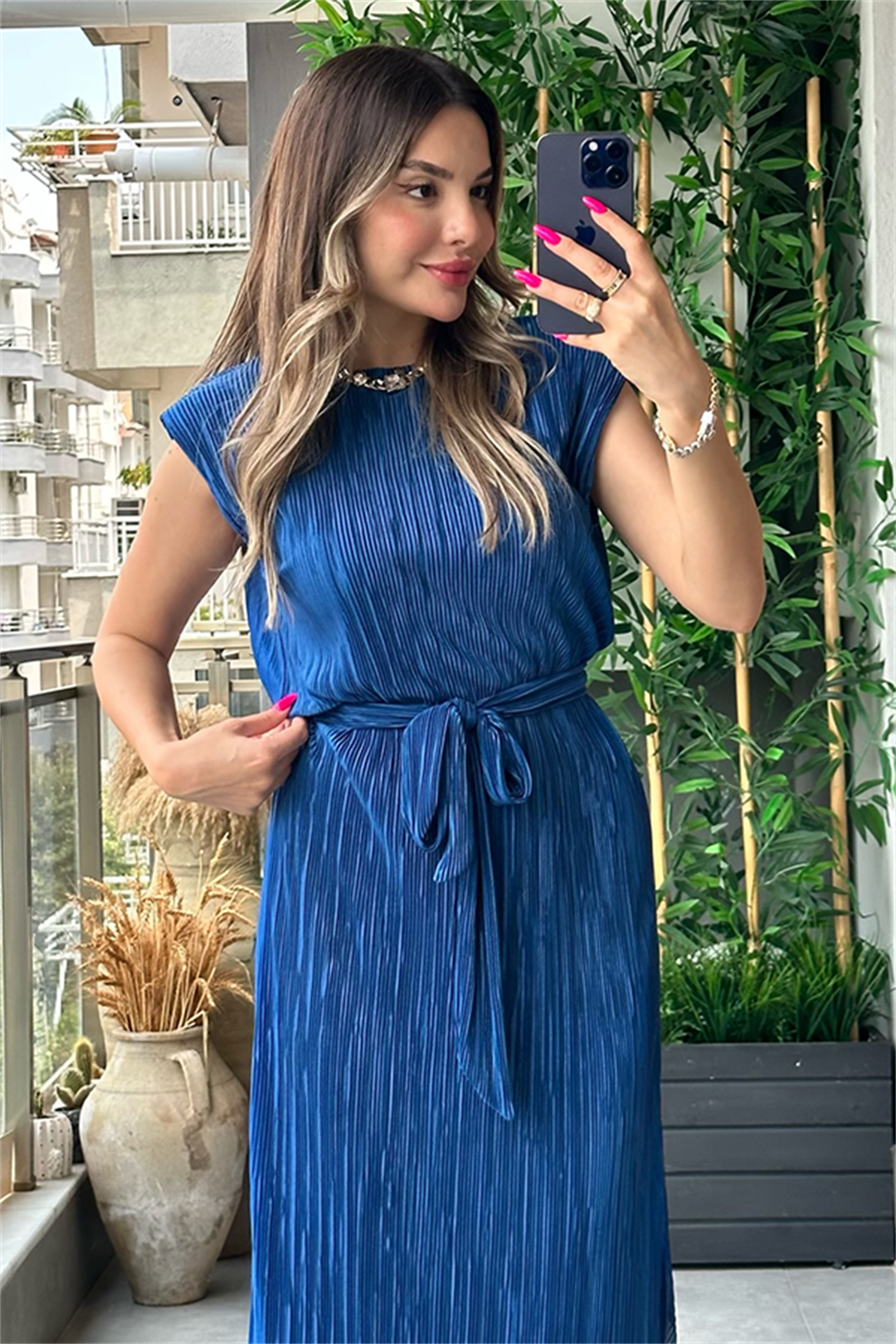 Miranda kırinkıl vatkalı kalem elbise - Saks Mavi