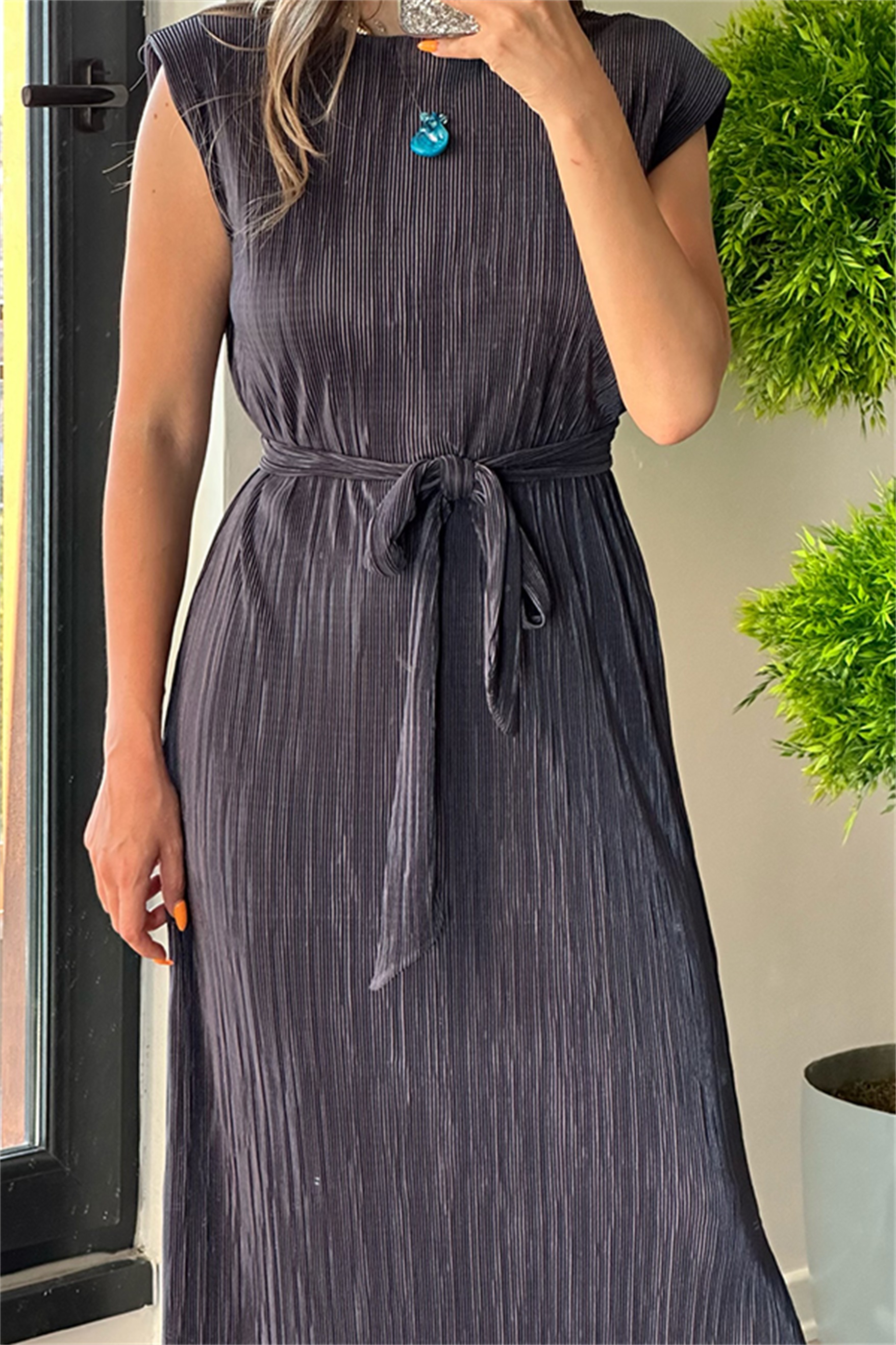 Miranda kırinkıl vatkalı kalem elbise - Füme