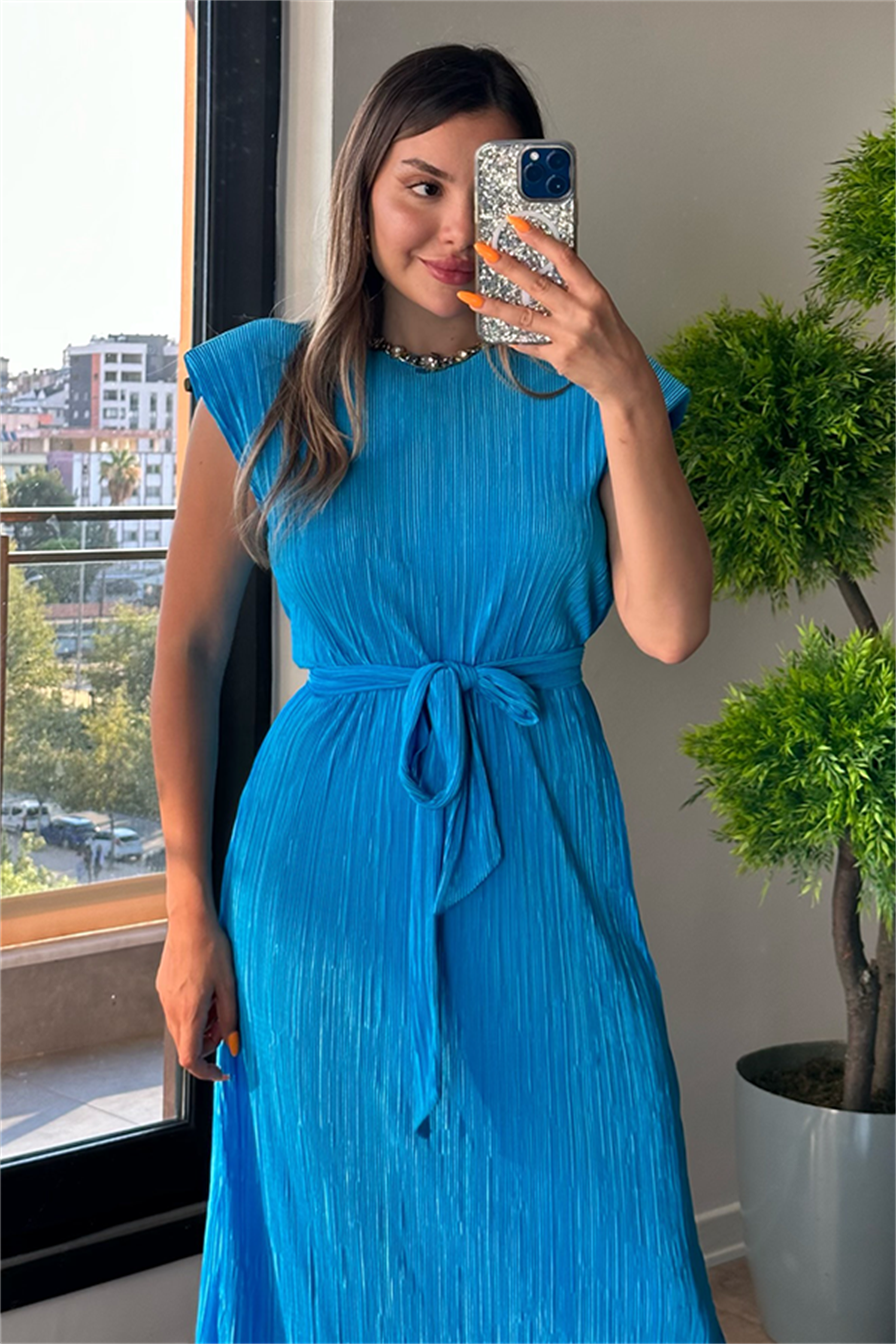 Miranda kırinkıl vatkalı kalem elbise - Açık mavi