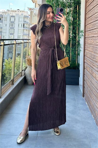 Miranda kırinkıl vatkalı kalem elbise - Acı Kahve