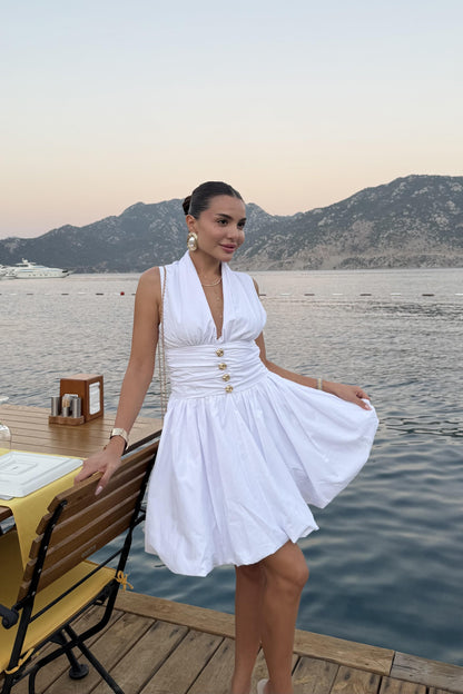 Mirelda Beyaz Gold Düğmeli Elbise