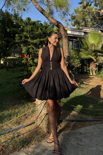 Mirelda Siyah Gold Düğmeli Elbise