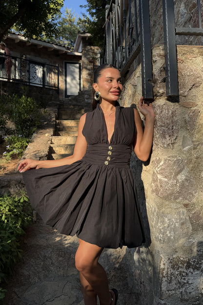 Mirelda Siyah Gold Düğmeli Elbise