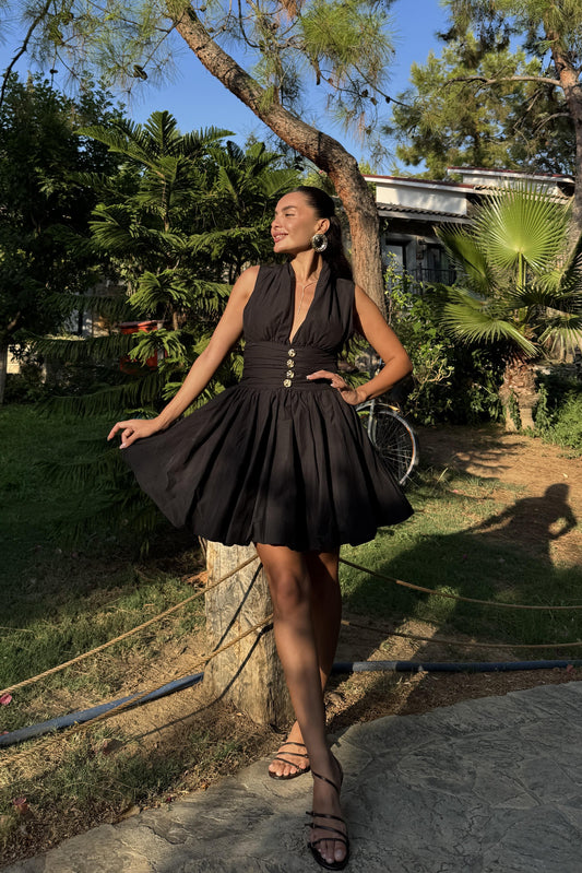 Mirelda Siyah Gold Düğmeli Elbise