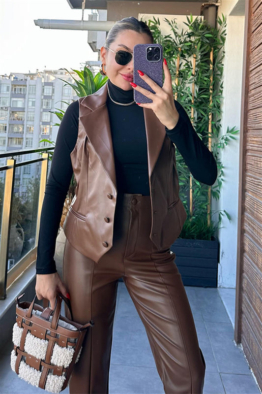 Mıss Yakalı Kahve Deri Yelek