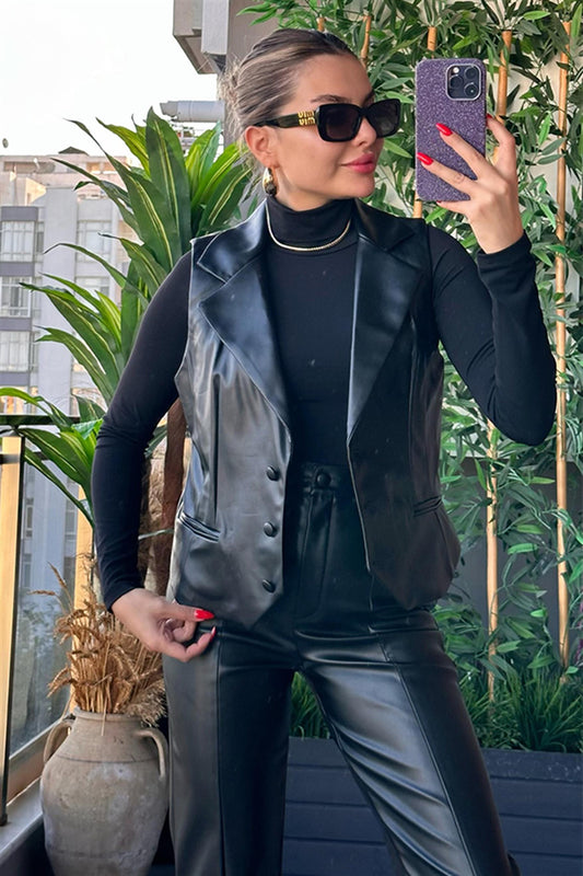 Mıss Yakalı Siyah Deri Yelek