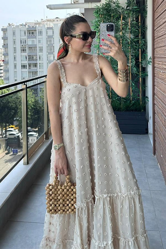 Misual Çiçek Kabartmalı Tül Elbise - Bej