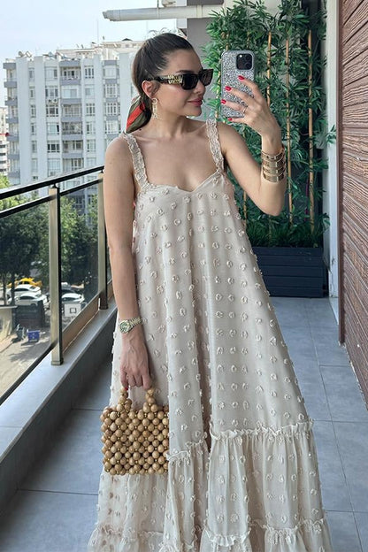 Misual Çiçek Kabartmalı Tül Elbise - Bej