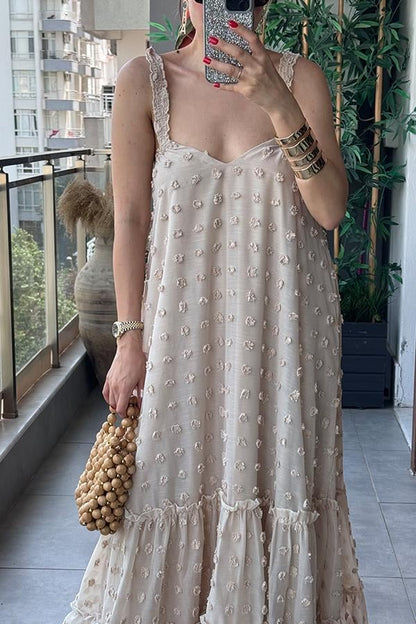 Misual Çiçek Kabartmalı Tül Elbise - Bej