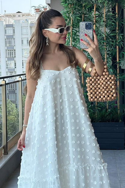 Misual Çiçek Kabartmalı Tül Elbise - Beyaz