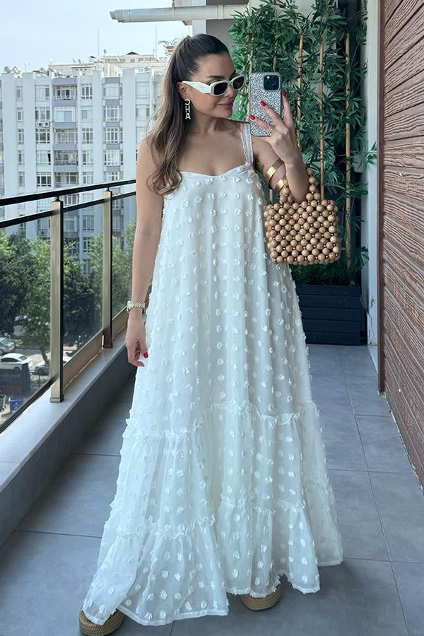 Misual Çiçek Kabartmalı Tül Elbise - Beyaz