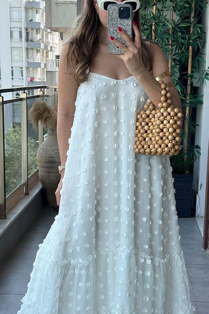 Misual Çiçek Kabartmalı Tül Elbise - Beyaz