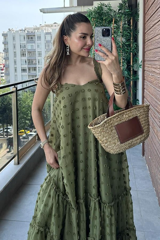 Misual Çiçek Kabartmalı Tül Elbise - Haki