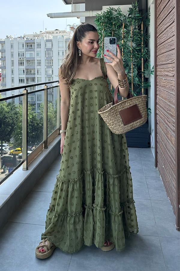 Misual Çiçek Kabartmalı Tül Elbise - Haki