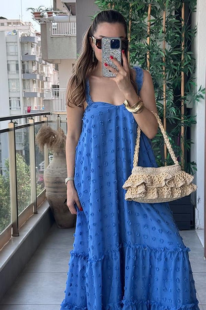 Misual Çiçek Kabartmalı Tül Elbise - Mavi