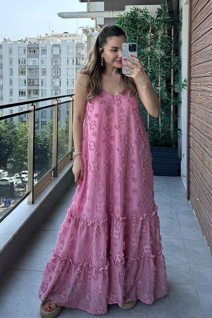 Misual Çiçek Kabartmalı Tül Elbise - Pembe