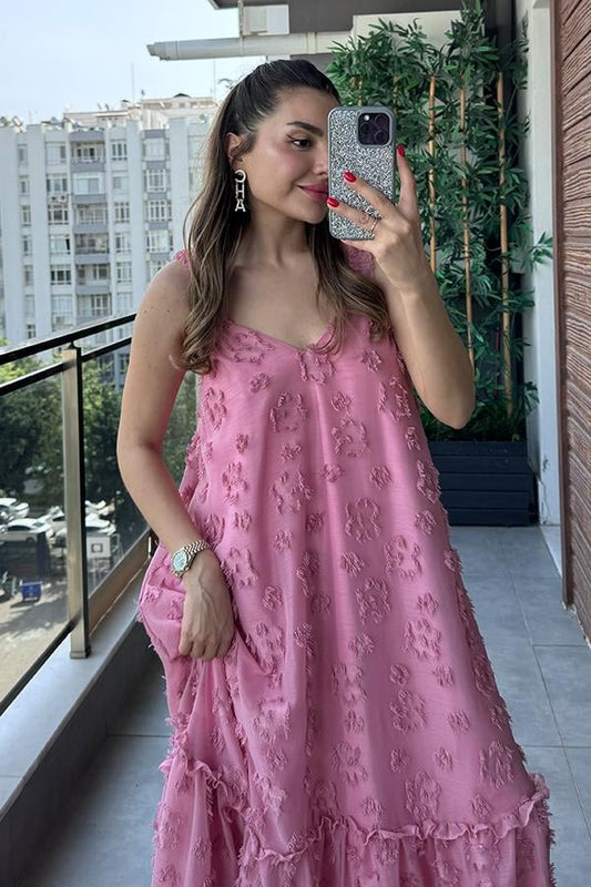 Misual Çiçek Kabartmalı Tül Elbise - Pembe