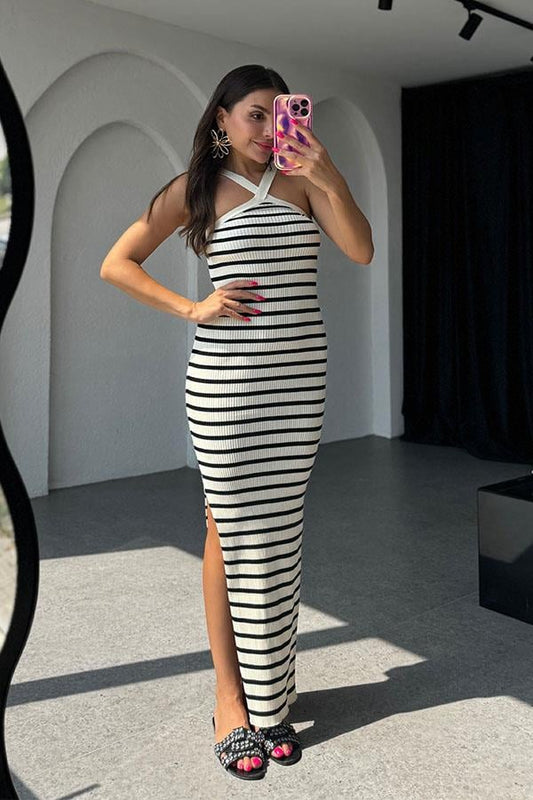 Mitra Orijinal Triko Çizgili Elbise