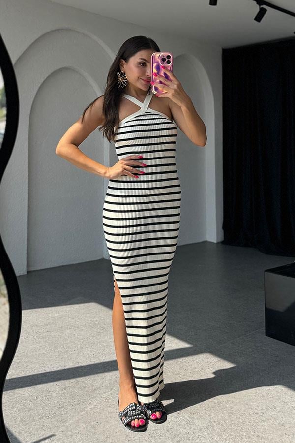 Mitra Orijinal Triko Çizgili Elbise