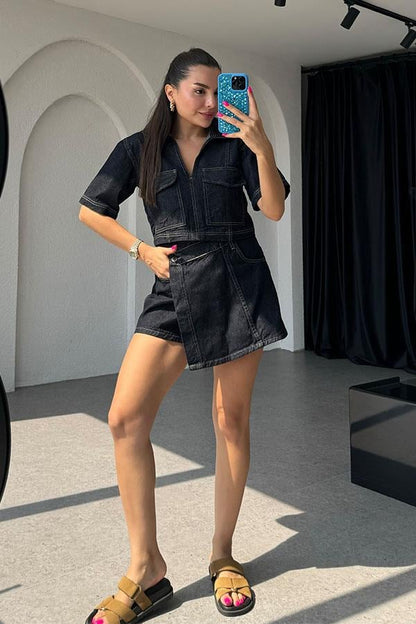 Mitzy Kontrast Dikişli Denim İkili Takım
