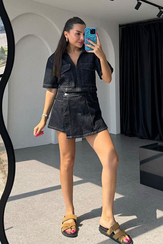 Mitzy Kontrast Dikişli Denim İkili Takım