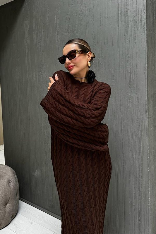 Miu Saç Örgülü Acı Kahve Triko Elbise