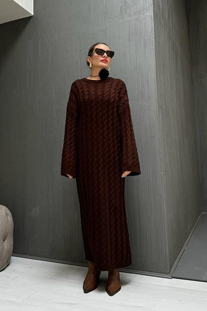 Miu Saç Örgülü Acı Kahve Triko Elbise