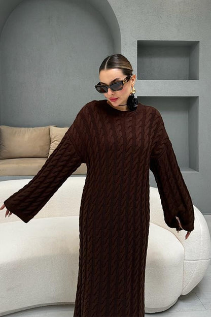 Miu Saç Örgülü Acı Kahve Triko Elbise