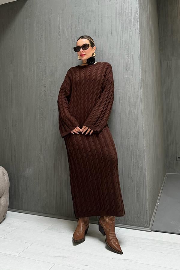 Miu Saç Örgülü Acı Kahve Triko Elbise