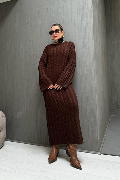 Miu Saç Örgülü Acı Kahve Triko Elbise