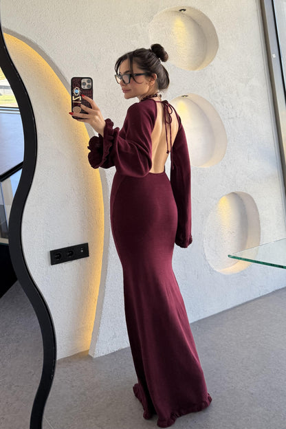 Moana Bordo Sırt Dekolteli Triko Balık Elbise