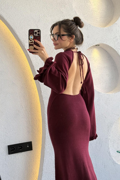 Moana Bordo Sırt Dekolteli Triko Balık Elbise