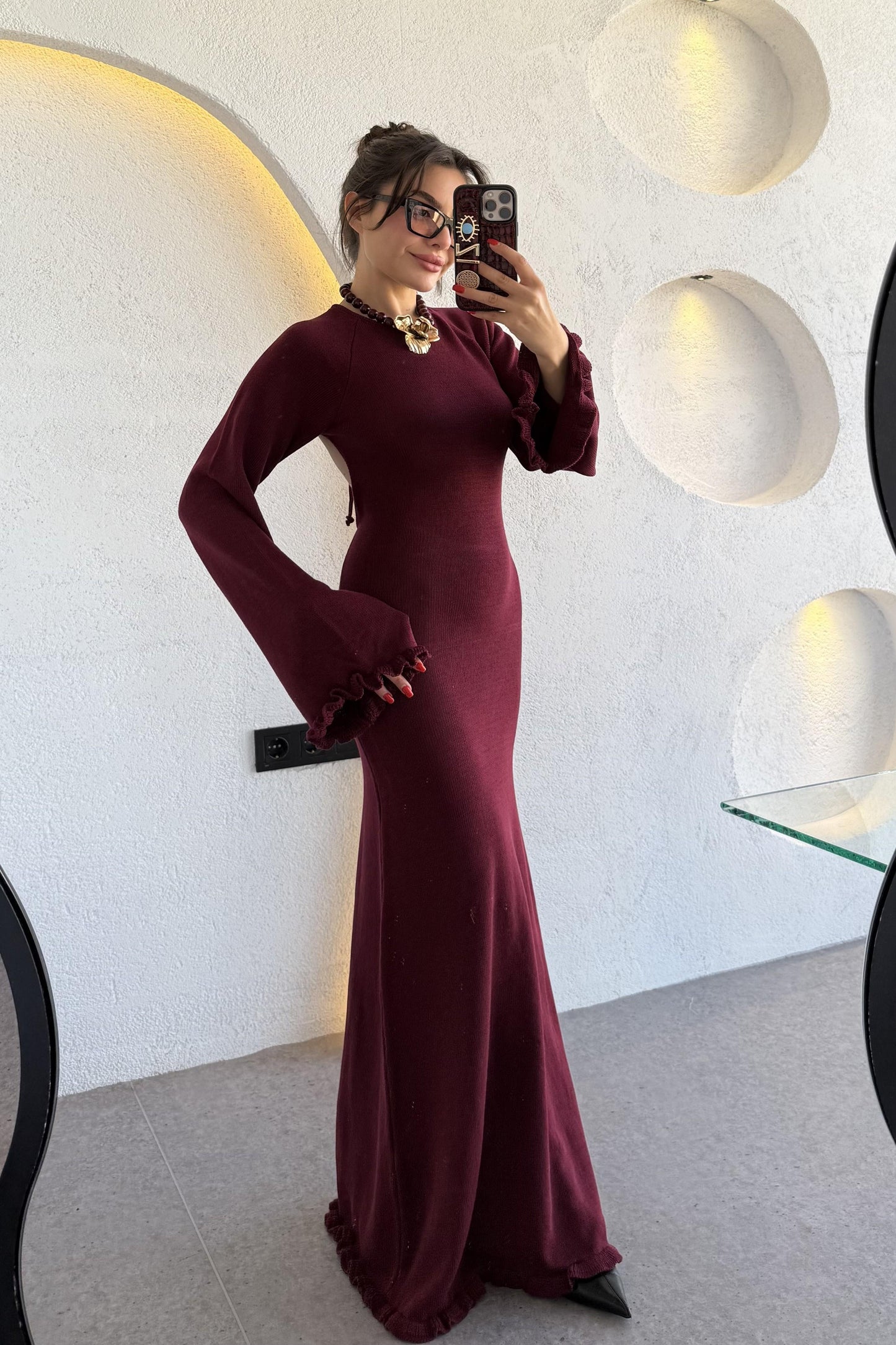 Moana Bordo Sırt Dekolteli Triko Balık Elbise